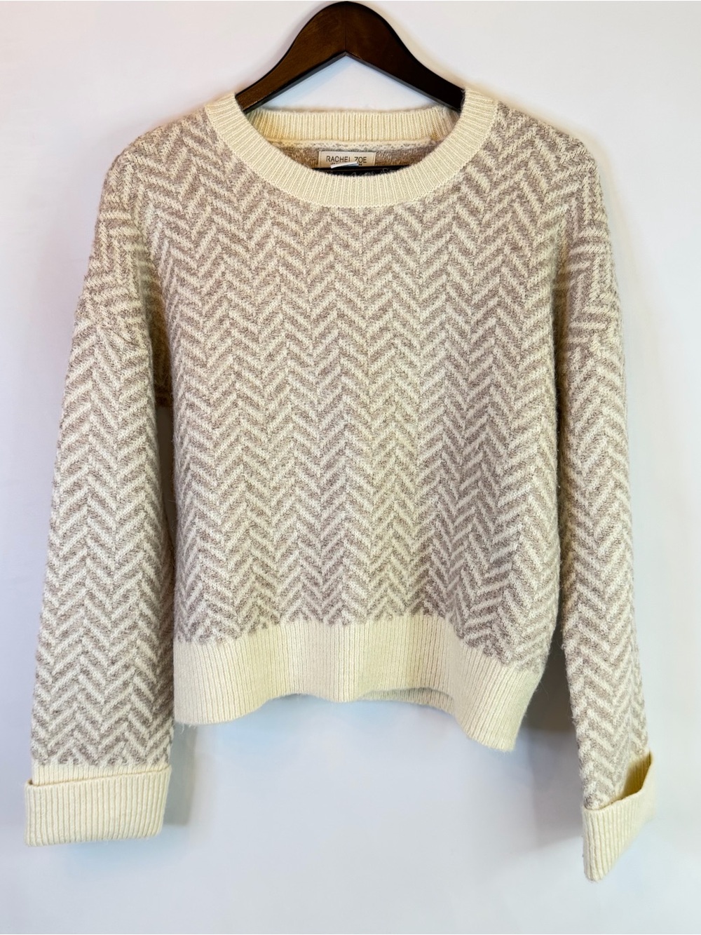 Rachel Zoe Sweater Womens Medium Cream Beige Chevron Crew Warm Cozy Soft